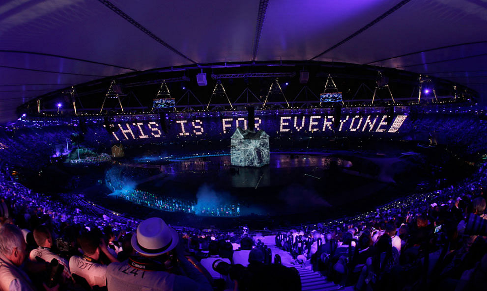 A live tweet from Sir Tim Berners-Lee, creator of the World Wide Web, appears in the crowd in Olympic Stadium, on July 27, 2012, in London. Photo: AP