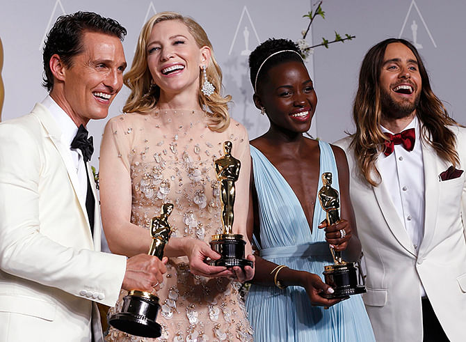 (L-R) Best actor winner Matthew McConaughey, best actress winner Cate Blanchett, best supporting actress winner Lupita Nyong'o and best supporting actor winner Jared Leto pose with their Oscars at the 86th Academy Awards in Hollywood, California on March 2. Photo: Reuters