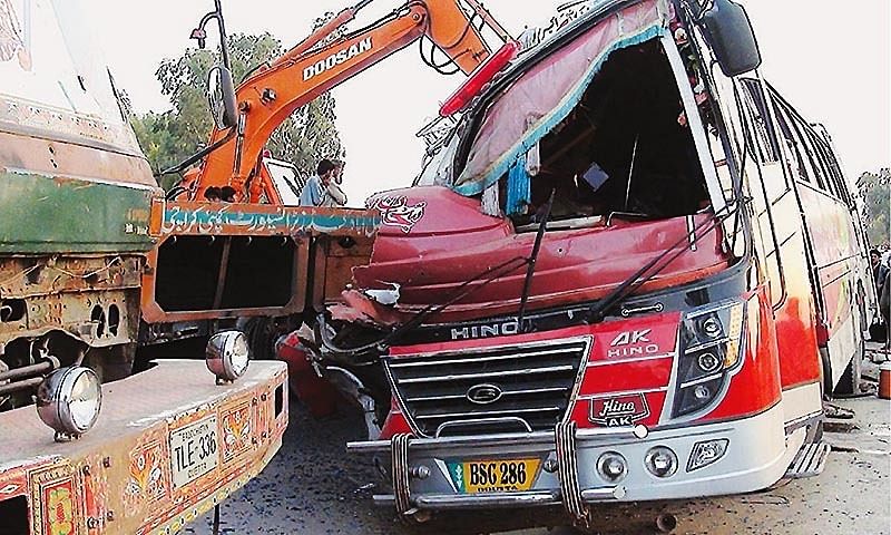 The fatal accident occurred when the driver of the over-speeding coach, which was travelling from Khyber Pakhtunkhwa's Swat district to Karachi, tried to overtake a vehicle resulting in a head-on collision with a truck coming from the opposite direction – photo Dawn/file