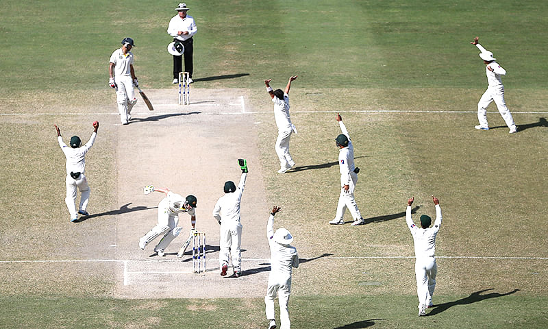 Pakistani players appeal to the umpire for dismissal of Steve Smith during day five of the First Test between Pakistan and Australia at Dubai International Stadium in United Arab Emirates. Photo: AP