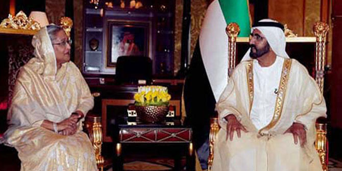 Prime Minister Sheikh Hasina meets Sheikh Mohammed Bin Rashid Al Maktoum, the UAE vice-president and ruler of Dubai, Monday at Zabeel palace. Photo: PID