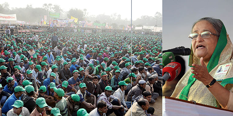 Prime Minister and Awami League President Sheikh Hasina is addressing a rally at Suhrawardy Udyan commemorating Bangabandhu’s Homecoming Day on Monday, January 12, 2015. Photo: BSS