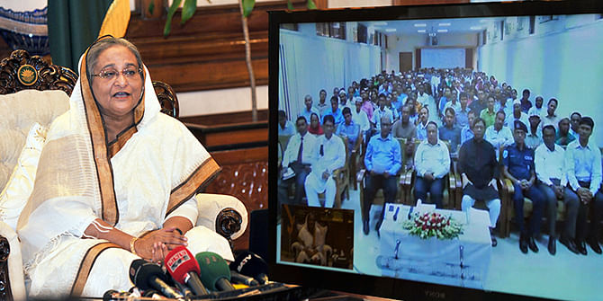 Prime Minister Sheikh Hasina on Wednesday talks to Dinajpur Education Board authorities in a video conference from Gana Bhaban on the occasion of publishing results of Higher Secondary Certifice (HSC) exams. Photo: Banglar Chokh