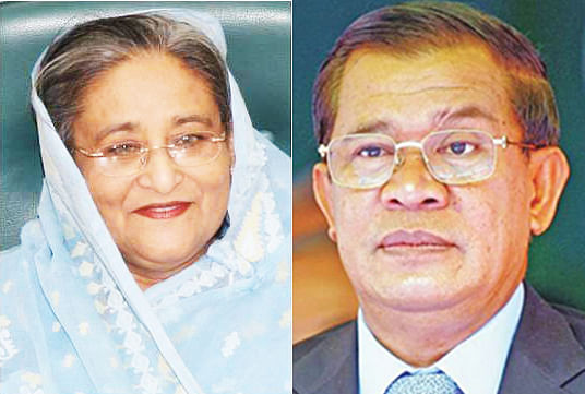 Bangladesh Prime Minister Sheikh Hasina and her visiting Cambodian counterpart Hun Sen