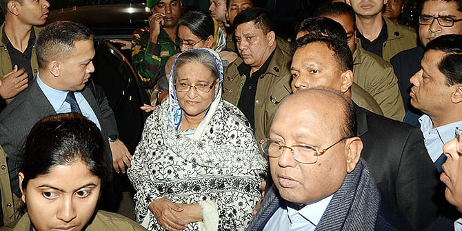 Prime Minister Sheikh Hasina in front of BNP chief Khaleda Zia's Gulshan office. She went there to console Khaleda whose younger son Arafat Rahman Koko had died in Malaysia on Saturday.Hasina had to return without seeing her as Khaleda was sedated. Photo:PMO