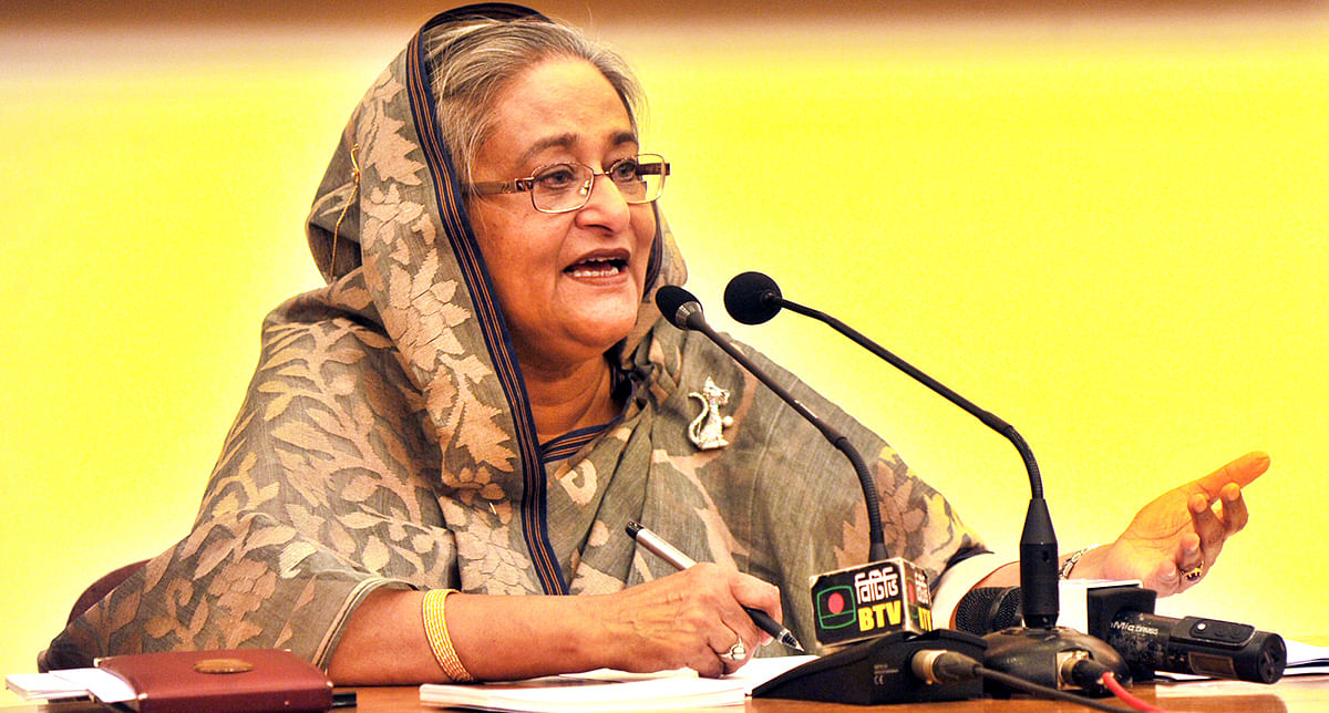 Prime Minister Sheikh Hasina briefs the media on her recent Japan visit at her official residence Gono Bhaban in the capital on Saturday. Photo: BSS