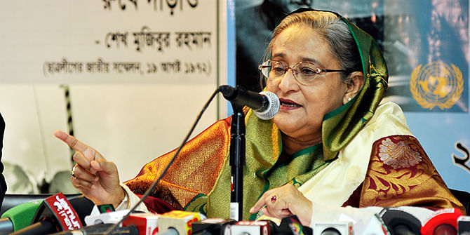 Prime Minister Sheikh Hasina addresses a press conference organised by Bangladesh Permanent Mission to the United Nations in New York on Friday. Photo: BSS