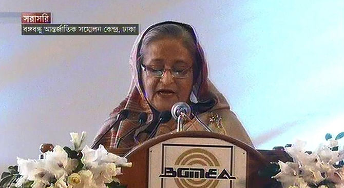 Prime Minister Sheikh Hasina speaking at the inaugural of apparel summit at BICC on Sunday. Photo: TV grab