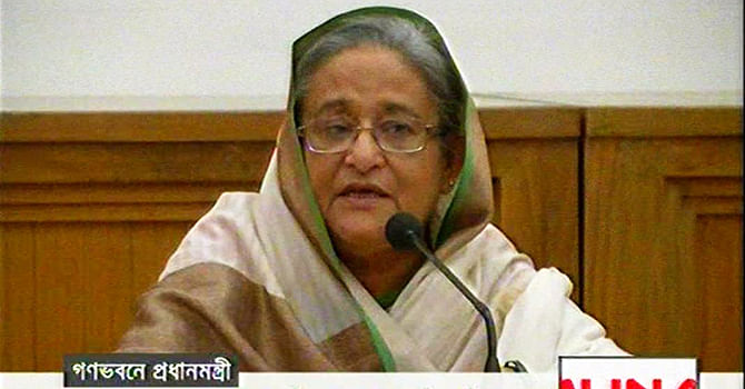 Prime Minister Sheikh Hasina addressing at her official residence Ganabhaban. Photo: TV grab