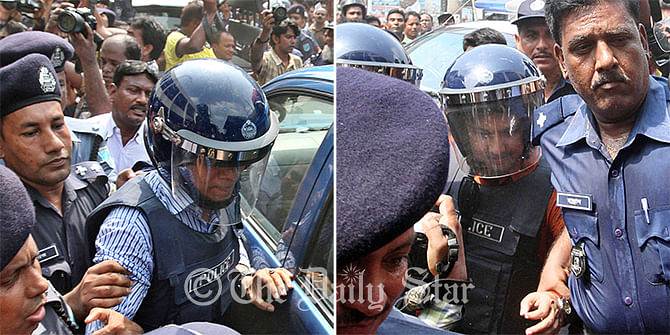 This Star file photo shows law enforcers bring out former Rab officials Lt Col Tareque Sayeed Mohammad (left) and Maj Arif Hossain of a court bulding in Narayanganj after a Senior Judicial Magistrate palced the duo on a five-day remand May 17.