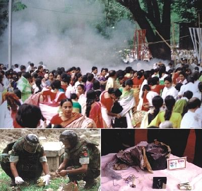 The complied photos taken on April 1, 2001 show panic-stricken men, women and children running for cover (top) after the huge explosion at the Ramna Batamul during Bangla New Year celebrations that left nine killed and at least 20 others injured. After the gory incident, while law enforcement and intelligence agencies collected remainder of the bomb and other clues to the explosion (left), an army team had to diffuse another bomb near the Baishakhi gate.