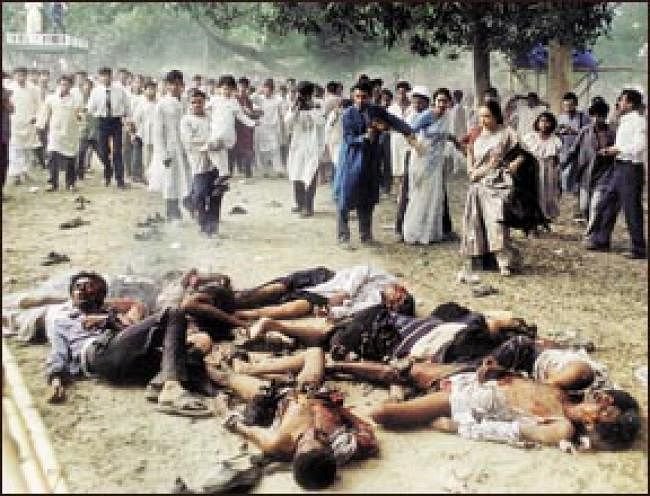 This Prothom Alo photo taken on April 14, 2001 shows the horrific aftermath of an explosion killing ten people and injuring many others at the Ramna Batamul in Dhaka during the celebration of Bangla new year Pahela Boishakh.
