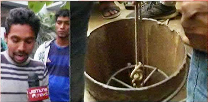 One of the three volunteers, who bring the four-year-old Jihad out, talks to media (left) about their rescue drive. The boy is being lifted with the instruments from the deep well shaft in Shahjahanpur, Dhaka (right). Photo: TV grab