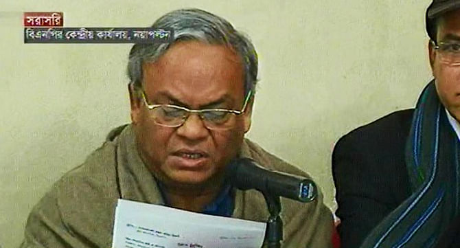 BNP Joint secretary general Rizvi Ahmed briefs media at his party’s central office at Nayapaltan in Dhaka on Sunday. Photo: TV grab