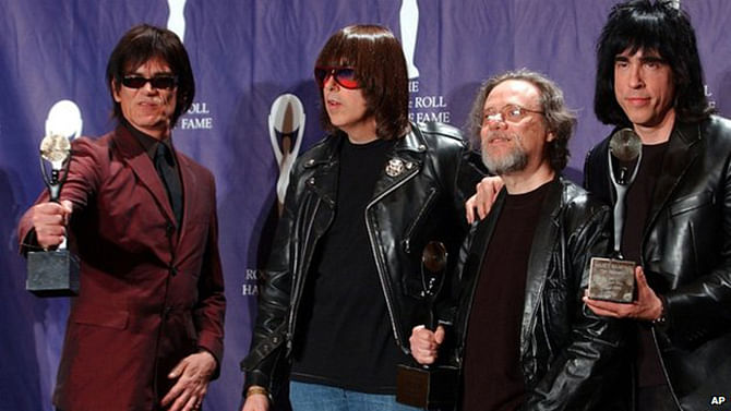 Tommy Ramone (2nd from right), is seen here with the band in 2002 after they were inducted at the Rock and Roll Hall of Fame