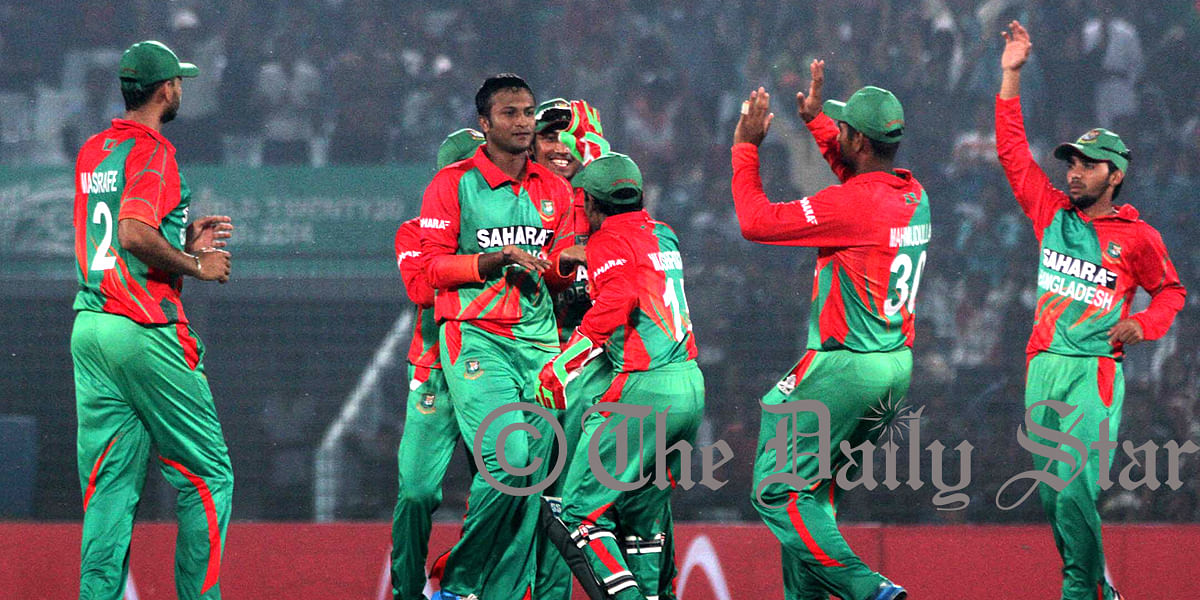 Tigers celebrate after dismissal of a wicket in the first ODI against Zimbabwe at Chittagong Friday evening. Photo: Anurup Kanti Das