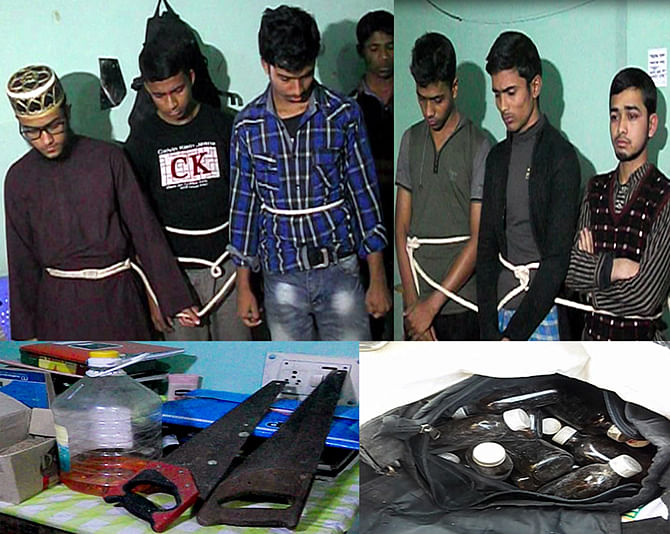 12 Shibir men were detained by police while making petrol bombs along with bomb making materials from two messes in Shahin Academy and Pathanbari area in Feni on February 1. Photo: Banglar Chokh