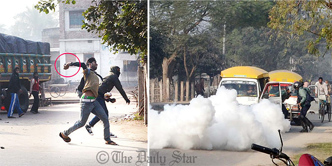 Shibir activists (L) hurl crude bombs targeting two human haulers carrying law enforcers which just arrived in Duspukur area of Rajshahi city on Thursday. The student wing of Jamaat brought out a procession there protesting death penalty for its ameer Motiur Rahman #Nizami in the #10_truck arms haul case. Photo: Star