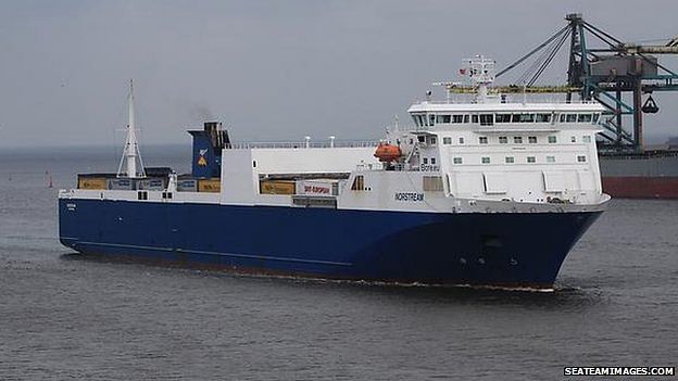 The freighter Norstream left Zebrugge on Friday evening. The photo is taken from BBC Online.