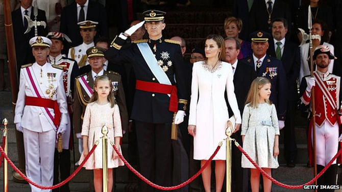 King Felipe was accompanied by Queen Letizia and their daughters Princess Leonor (left)and Princess Sofia 