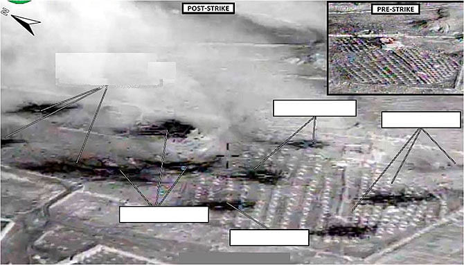 An area US officials say was an ISIL vehicle staging center near Abu Kamal, Syria, is seen before (inset) and after it was struck by US aircraft in a US Department of Defense handout picture provided September 23, 2014. Photo: Reuters