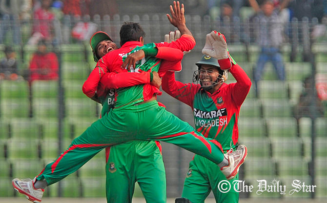 Taijul Islam celebrates after getting a hat-trick on debut against Zimbabwe at Mirpur on Monday. Photo: Firoz Ahmed