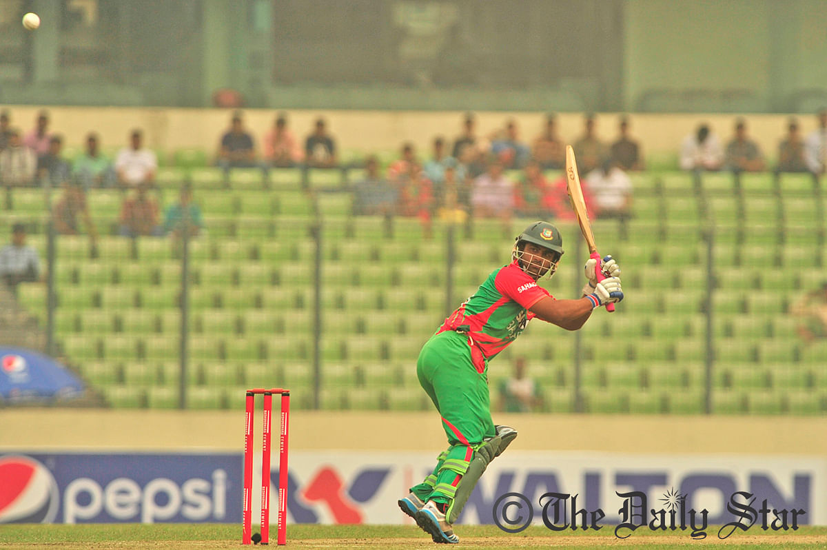 Bangladesh opner Tamim Iqbal flicks a ball n the fourth ODI against Zimbabwe at Mirpur’s Sher-e-Bangla National Stadium Friday. Photo: Firoz Ahmed