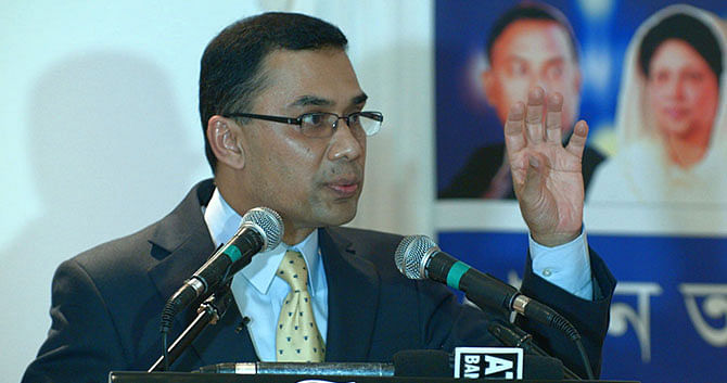 BNP senior vice chairman and chairperson's elder son Tarique Rahman speaking at a discussion programme in East London's The Atrium on Monday. Photo: Star