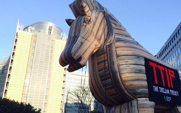 Although unrelated to Tsipras's visit, observers remarked on the appearance of a blow-up Trojan horse outside the European Commission on Wednesday. Photo: BBC