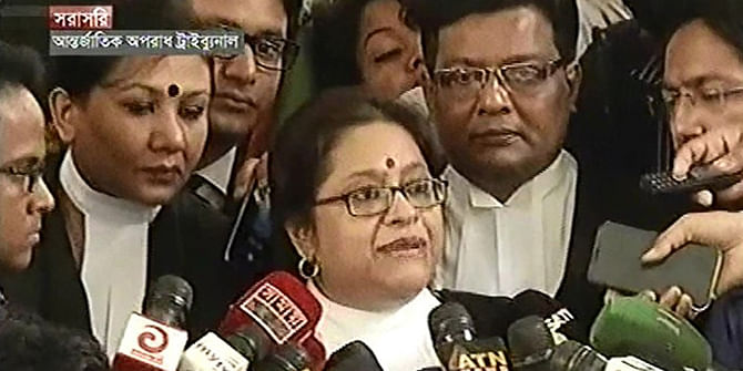 Prosecutor Tureen Afroz tells media about the observation on the verdict that International Crimes Tribunal-2 delivers on Tuesday against former state minister Syed Mohammad Qaisar for his wartime offences. Photo: TV grab 
