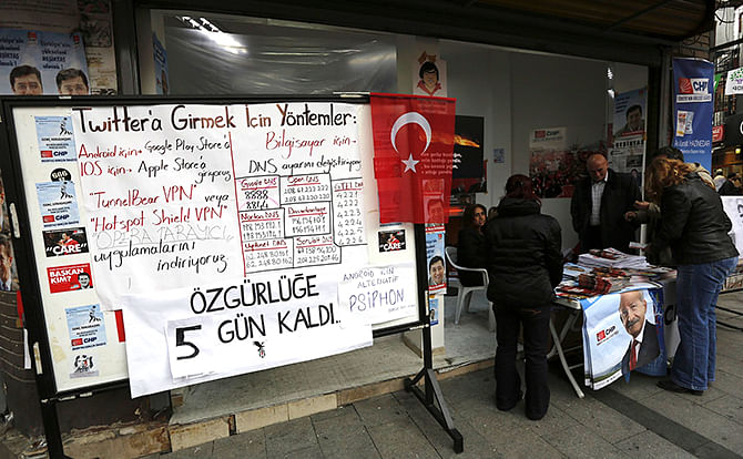 A board shows the alternative ways to access Twitter, is placed at an election campaign office of the main opposition Republican's People's Party (CHP) in Istanbul on Tuesday. Photo: Reuters