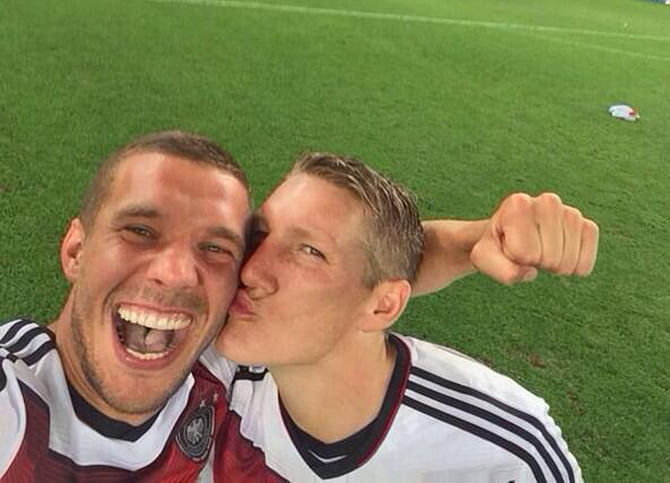 Lukas Poldolski's selfie with Bastian Schweinsteiger has been more then 88,000 times after Germany claims World Cup final victory over Argentina on July 14, 2014. Photo taken from Twitter