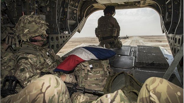  The last British troops left Camp Bastion by helicopter, taking the union flag with them. The photo has been taken from BBC.