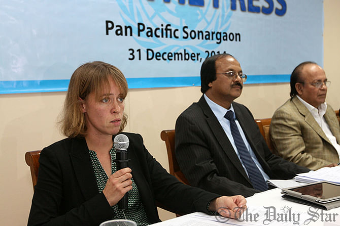 Emilia Wahlstrom addresses a press briefing at the Surma Hall of Pan Pacific Sonargaon Hotel in Dhaka. A team of UN experts led by Wahlstrom is studying the impact of recent oil spill in the Sundarbans. Photo: Star