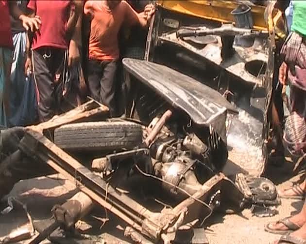 The photo shows wreckage of a human hauler, which was hit by a bus in Mymensingh Sadar upazila on Sunday. Eight human hauler passengers were killed in the accident. Photo: Star 