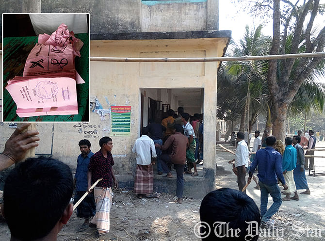 Unidentified attackers are seen with bamboo sticks at Halokhana High School polling centre under Halokhana union in Sadar upazila in Kurigram on Saturday. They looted and destroyed (in-set) ballot papers at polling centre. Photo: Star