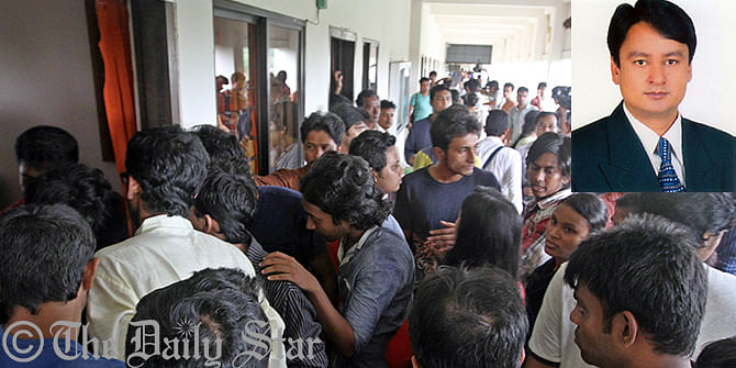 Agitating students confine the chairman, Prof Saiful Islam (inset) of Department of Theatre and Performance Studies at Dhaka University in a classroom on Monday protesting alleged sexual harassment of a female student. Photo: STAR