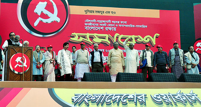 Workers Party chief Rashed Khan Menon addressing a rally at Suhrawardy Udyan in Dhaka Saturday night. Photo: Banglar Chokh
