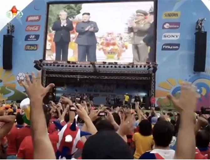 The video uploaded in Youtube on July 13, 2014 appears to show North Korea President Kim Jong-un on a big screen being cheered on by Chile fans. Photo taken from The Independent